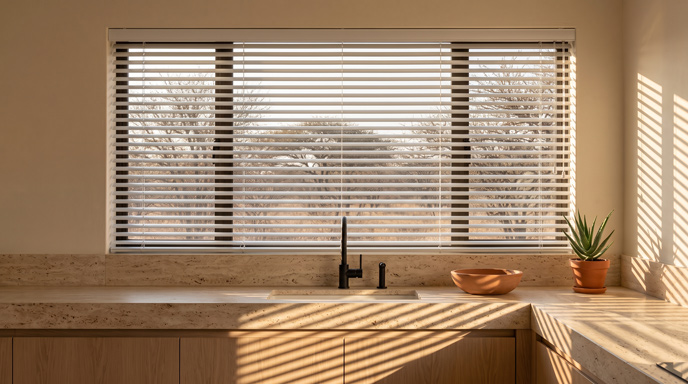 Aluminium venetian blind with tilted slats controlling glare in a kitchen