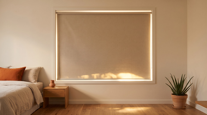 Blockout roller blind fully down in a bedroom, blocking late afternoon sun