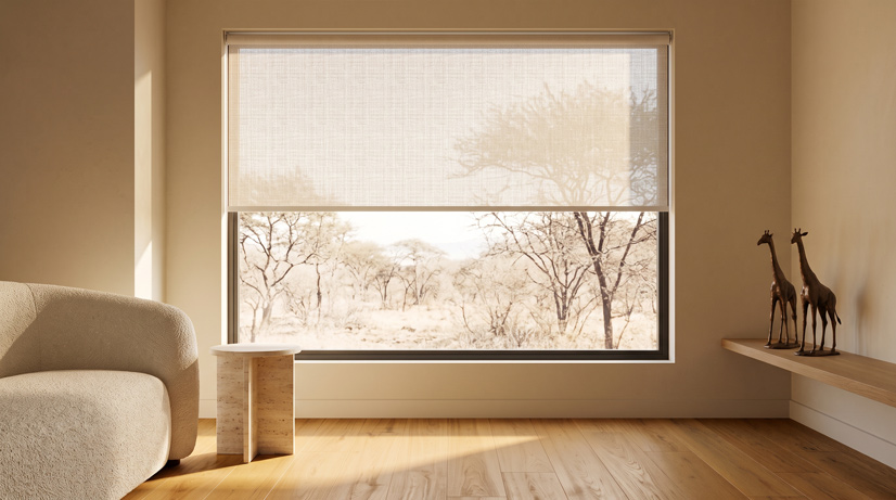 Sheer roller blind reducing glare in a living room while keeping the view