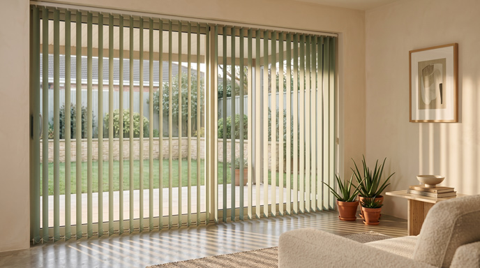 Vertical blinds with vanes half open across a sliding door